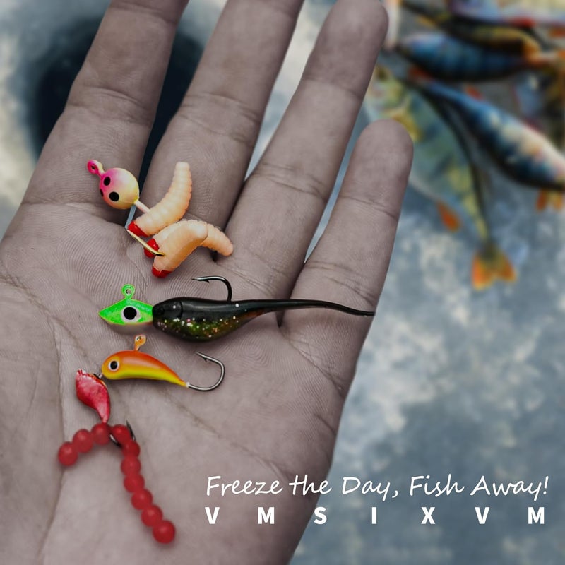 VMSIXVM Ice Fishing Jigs Lures, 180, 170, 160Pcs Glow Micro Winter Jig Heads Hooks Soft Plastic Worm Baits kit for Crappie Walleye Panfish, Ice Fishing Gear Equipment Tackle Accessories - Image 5